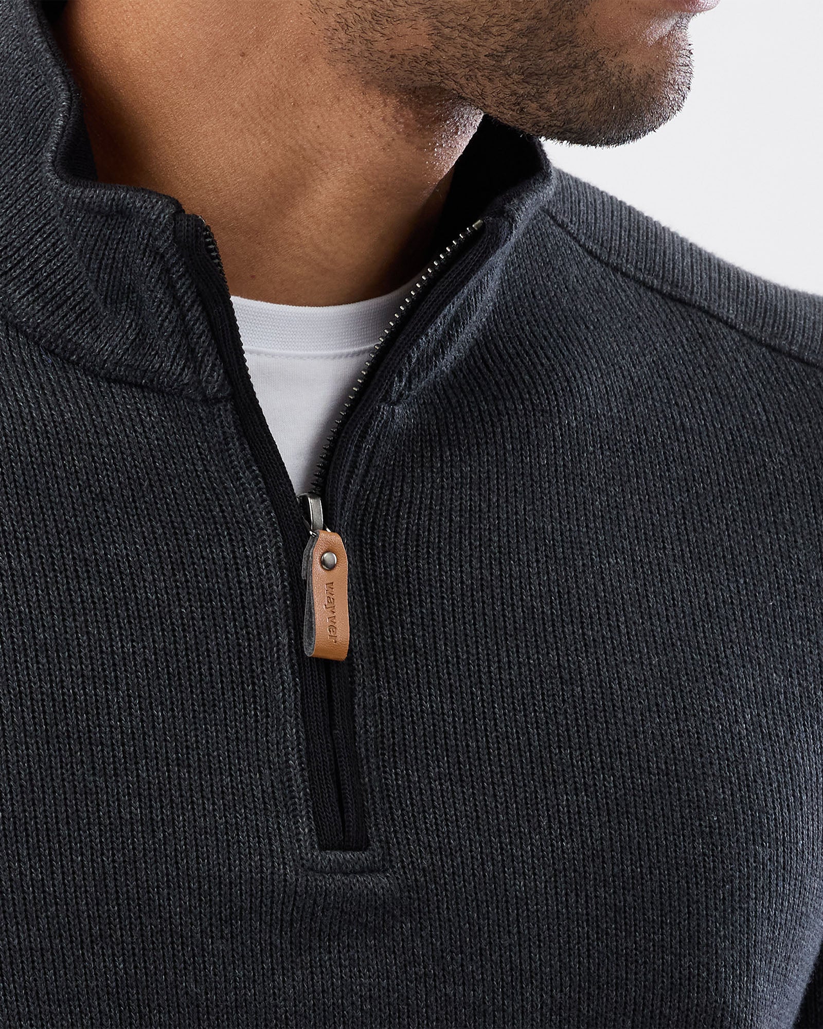 Detail shot of zipper and leather puller on mens charcoal cotton knit

