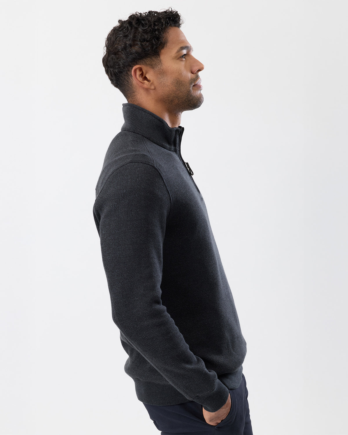 Soft mid-weight cotton texture of men’s half zip, side view

