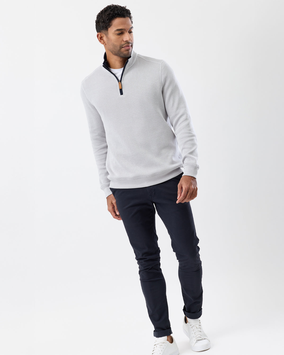 Layered look with French rib half zip over white crew tee and navy chinos - full body view