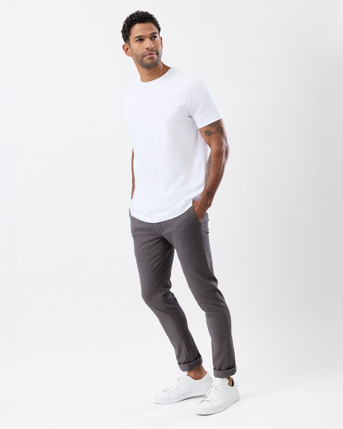 Side view of men's smoke grey slim fit chinos, highlighting the tapered leg and modern smart casual style.