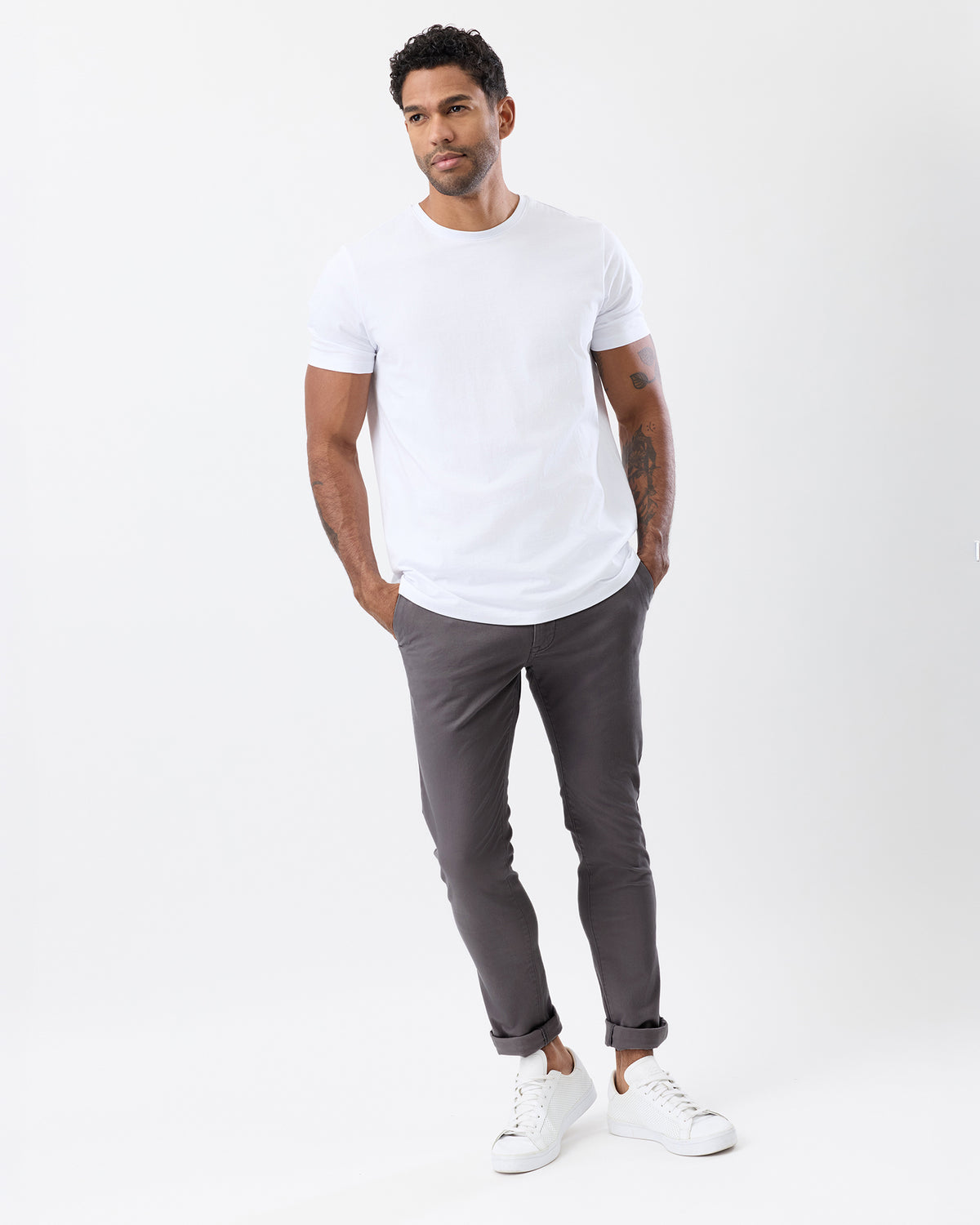 Men's smoke grey slim stretch chinos by Wayver Originals, featuring a modern tapered fit and versatile mid-grey colour.
