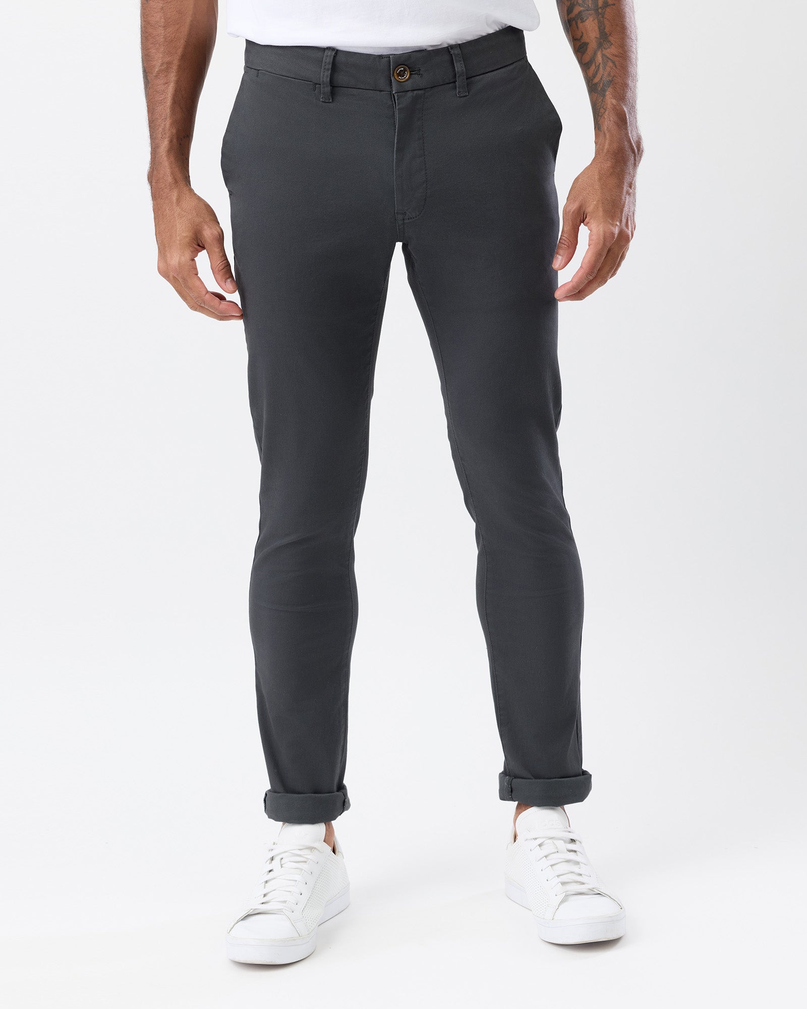 Men's charcoal slim stretch chino pants by Wayver Originals, front view.