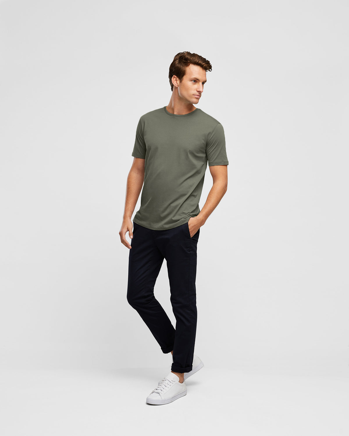 Men's Core Cotton T-shirt in Agave Green, full body view paired with Navy Chino pants