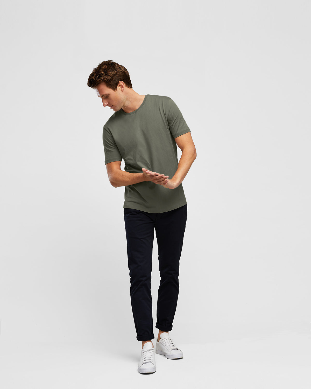 Men's Agave Green T-Shirt, full body image paired back with navy chino pants