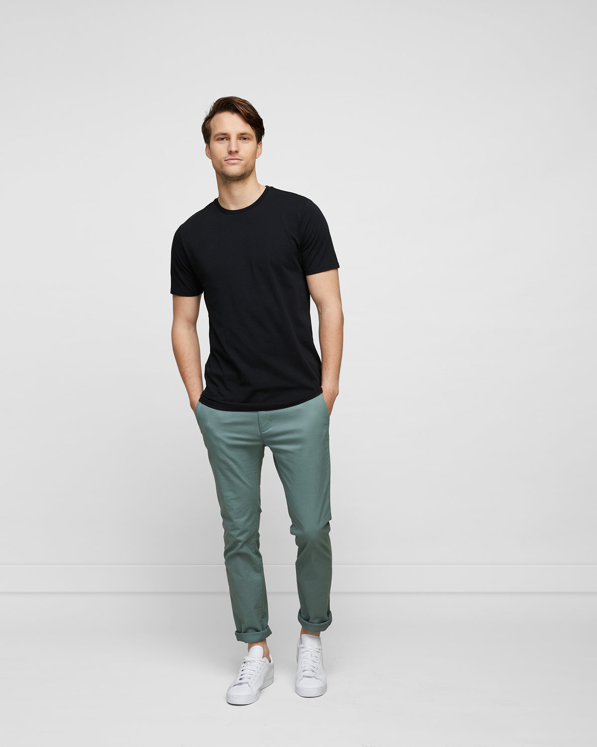 Staple Black Men's T-Shirt in Pure Cotton, full body image on model, by Wayver