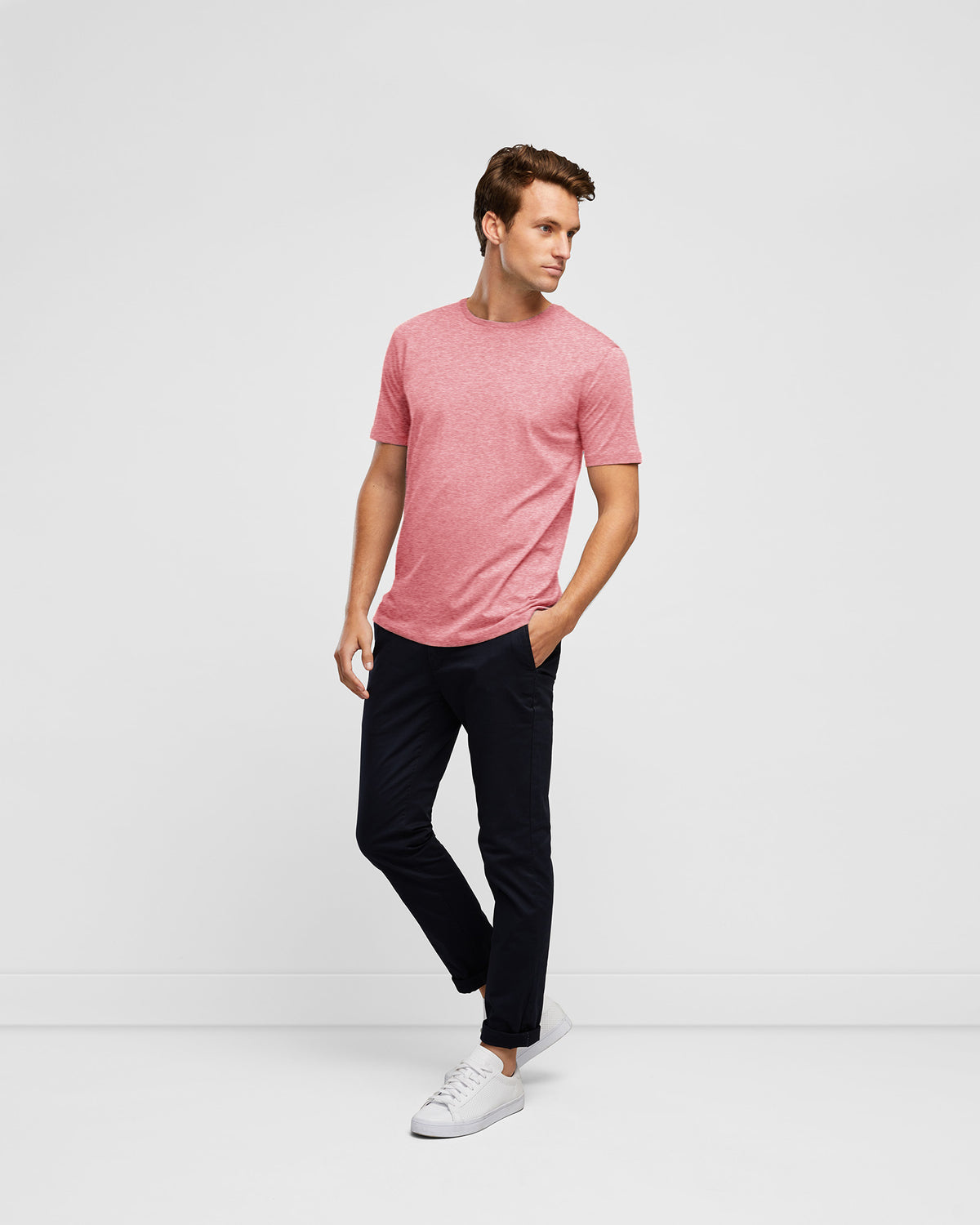 Wayver Essential Crew Cotton T-Shirt in Coral, full body view paired with navy chino pants