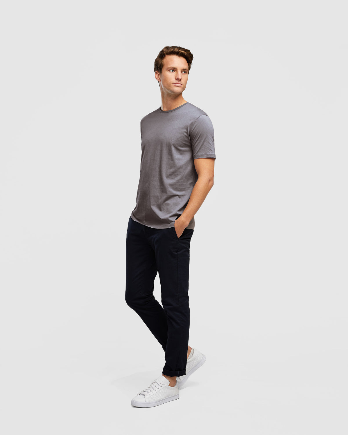 Short Sleeve Crew Tee in Rock Brown, Slim Fit, full body image paired with Navy pants