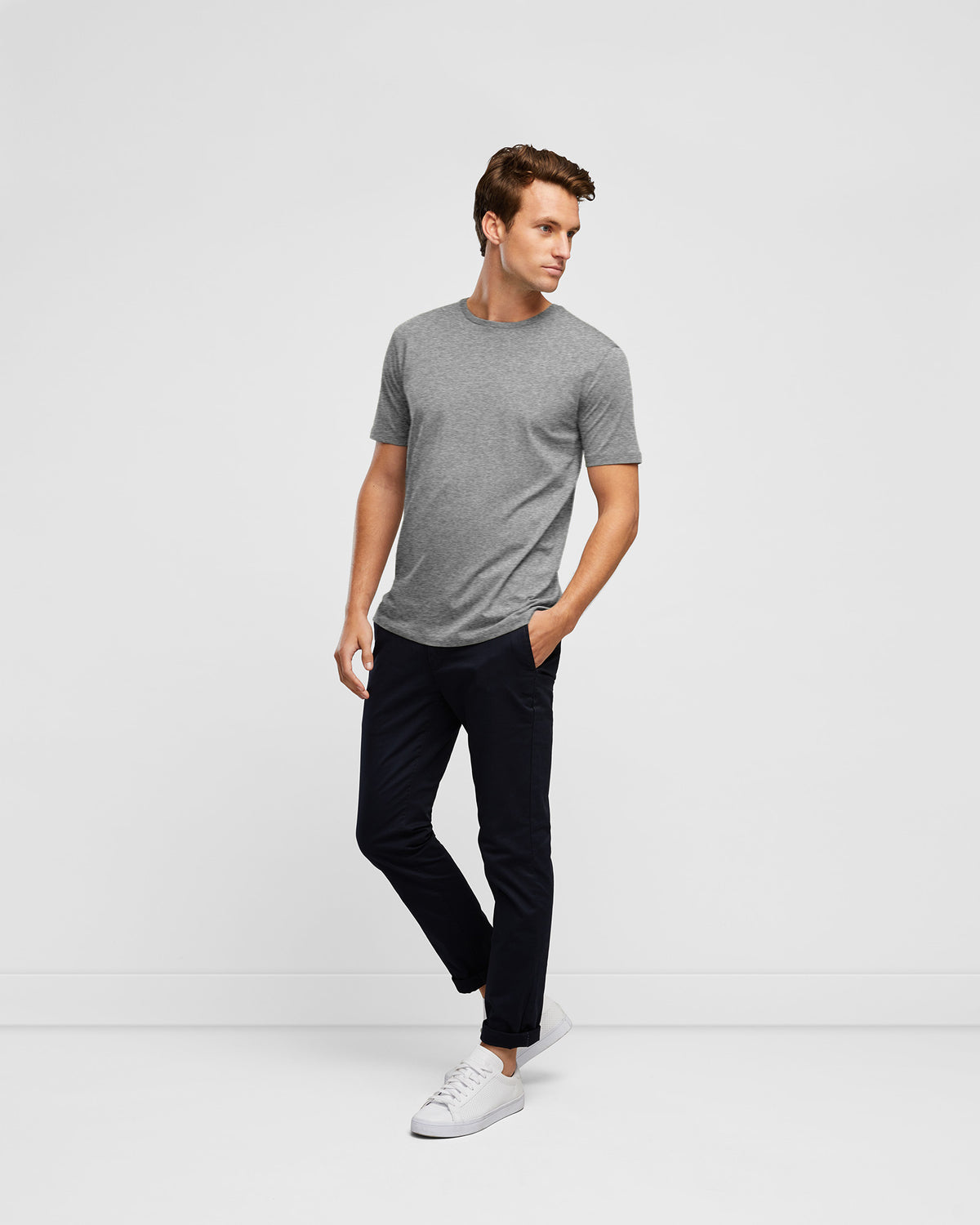 Wayver Grey Marl Premium Cotton Crew Tee, worn with chinos, full body view