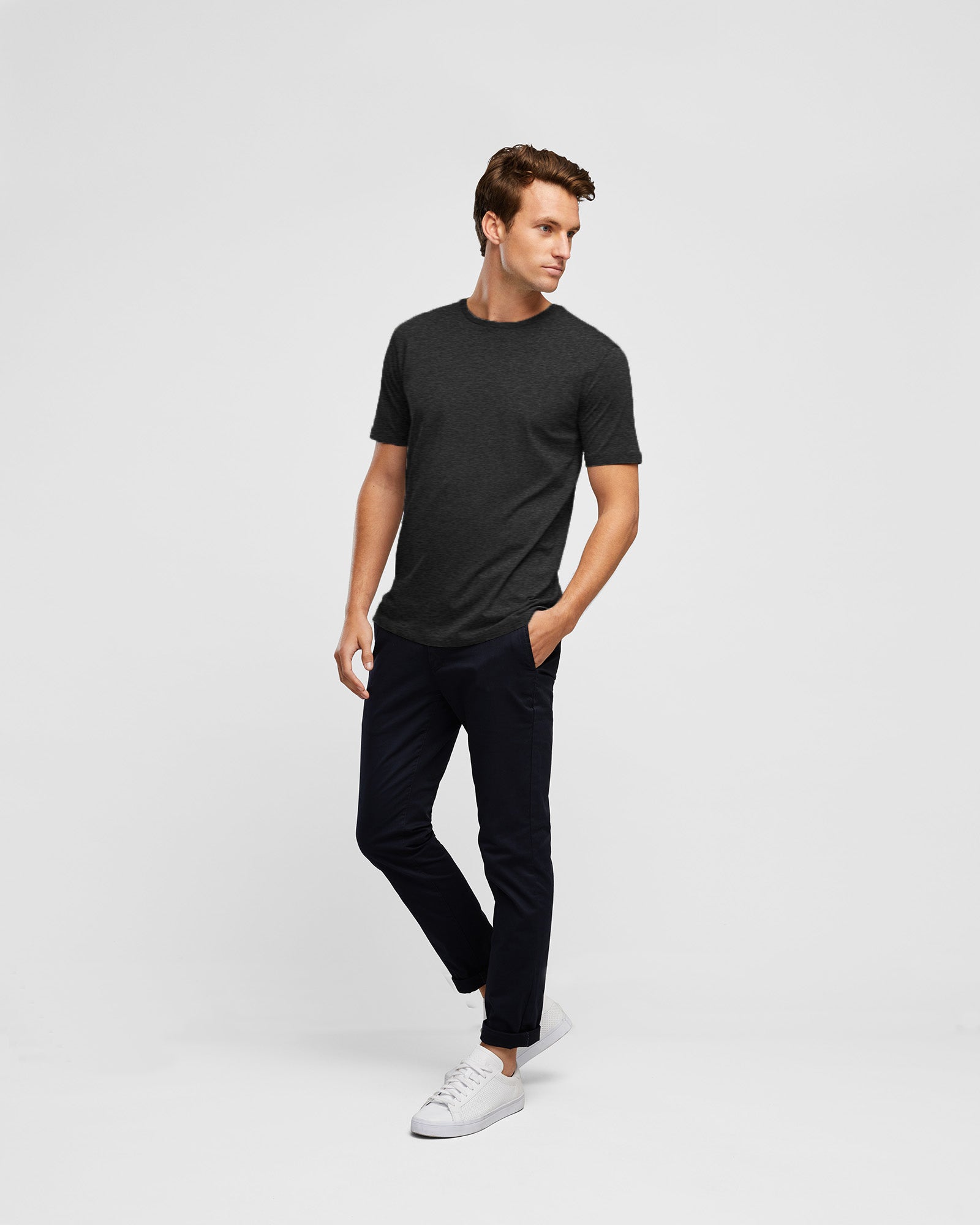 Essential Crew Neck T-Shirt in Charcoal, for men, full body image with model also wearing navy chinos
