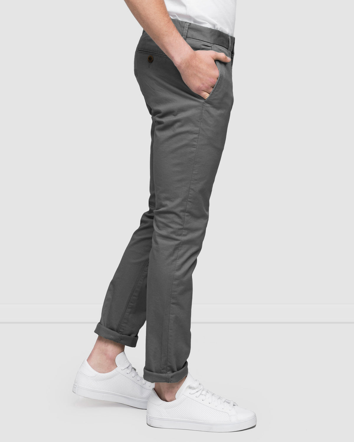Smoke Grey Slim Fit Stretch Cotton Chinos by Wayver - Soft Cotton Twill Pants Side View