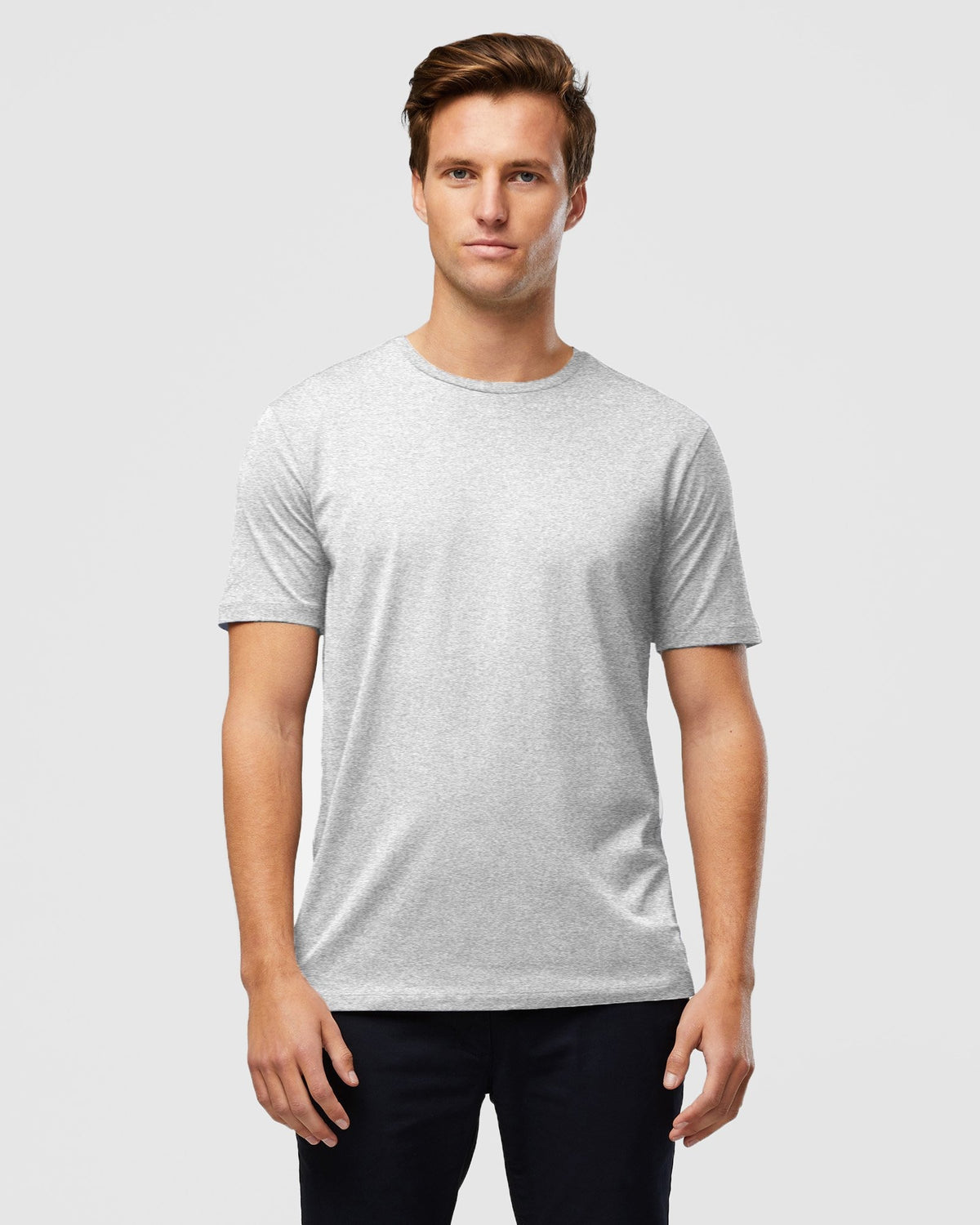 Men’s heather grey tee – versatile foundational layer, front view close up