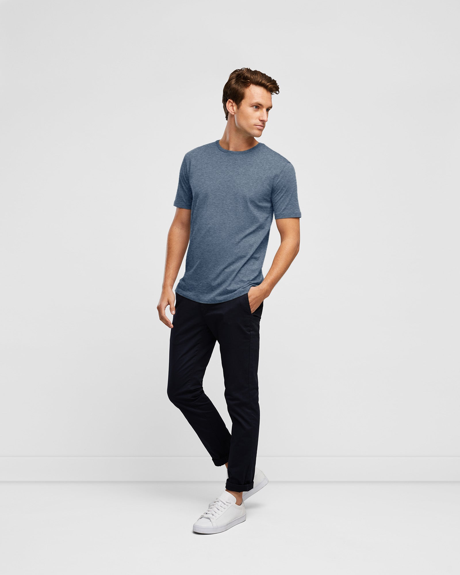 Men's Crew Neck Cotton T-Shirt in Slim Fit, full body view worn back with navy chinos