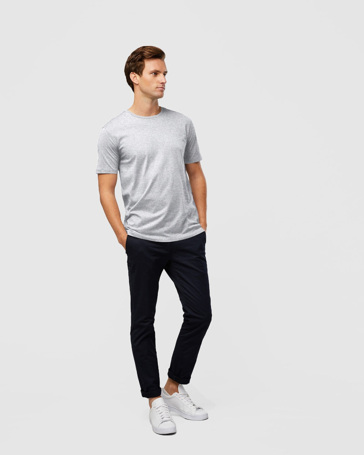 Slim Fitting Crew T-Shirt in Snow, by Wayver, full body shot worn with navy chinos