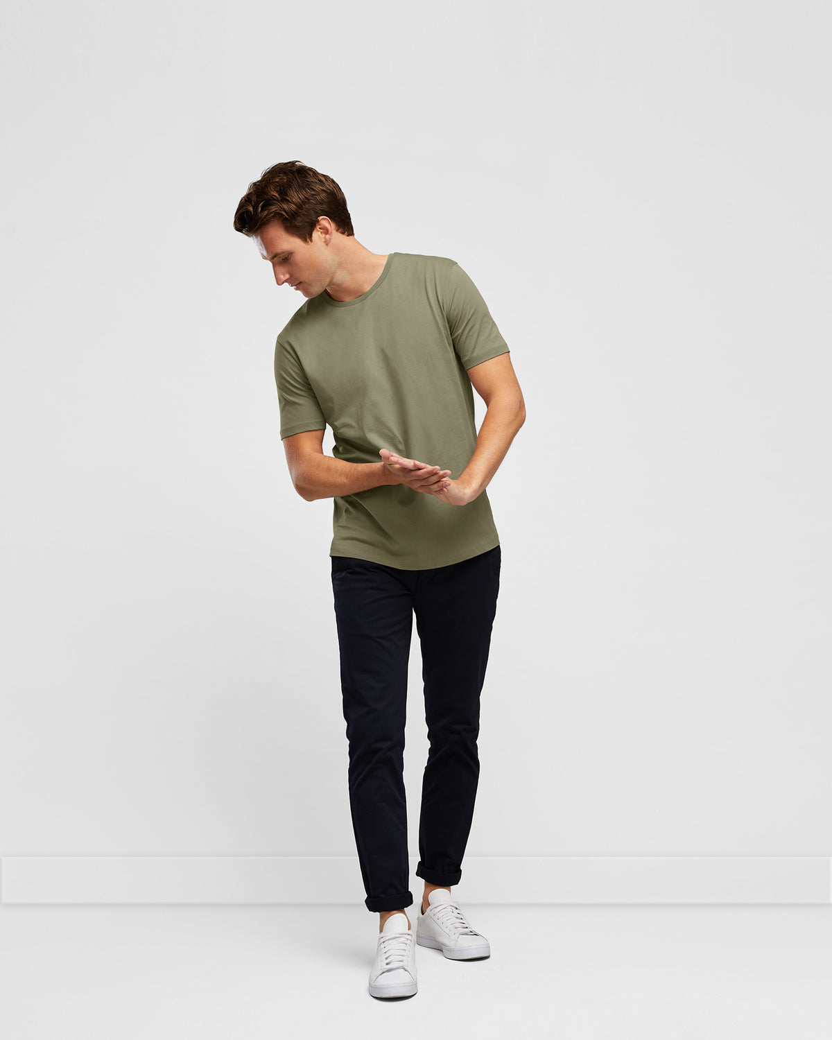 Wayver Moss Green Coloured Men's Premium Cotton T-Shirt, on model full body view