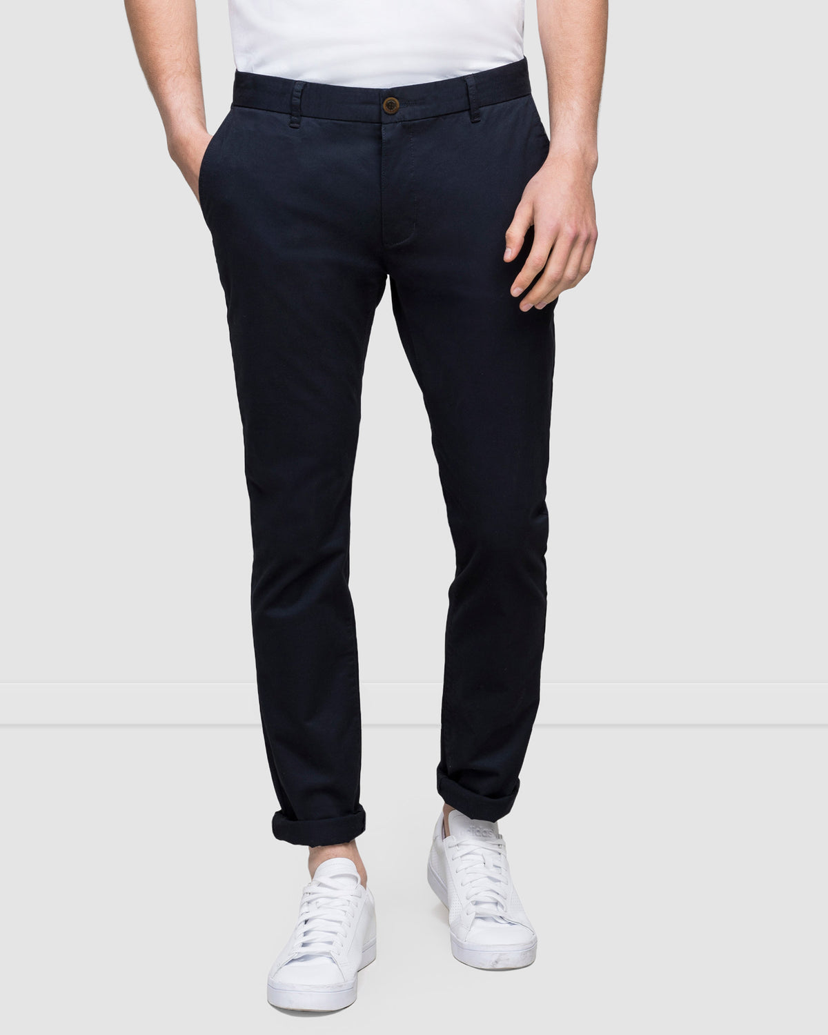 Slim Stretch Chino Best Selling Men's Pant on The Iconic, front view worn with white sneakers