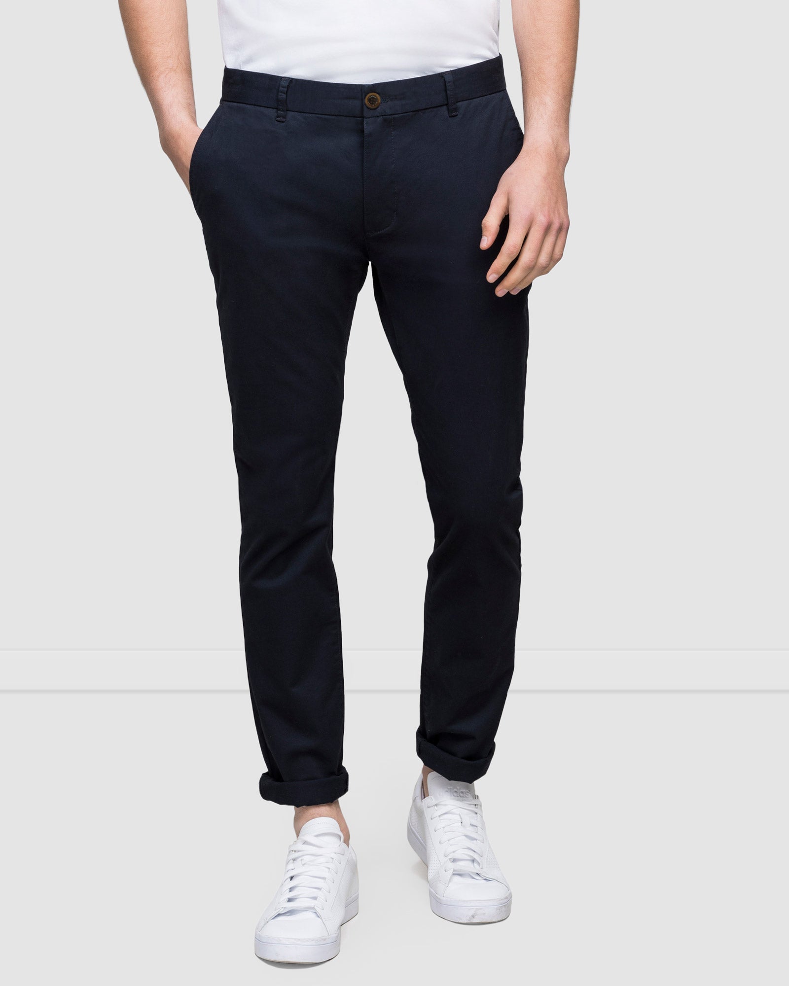 Men's Slim Fit Chino Pants in Navy, close up front view