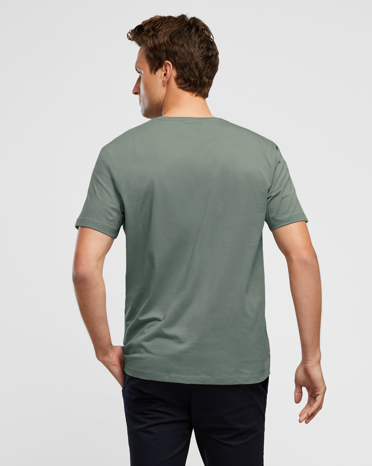 Men's Crew Neck Short Sleeve Cotton Tee in Sage Green, by Wayver, rear view
