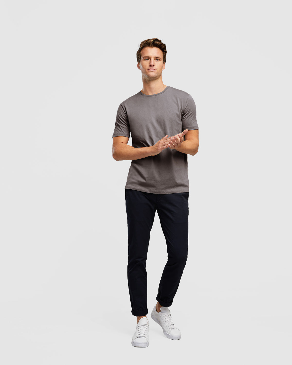 Slim Fitting Short Sleeve Plain Tee for Men in Rock Brown, full body view