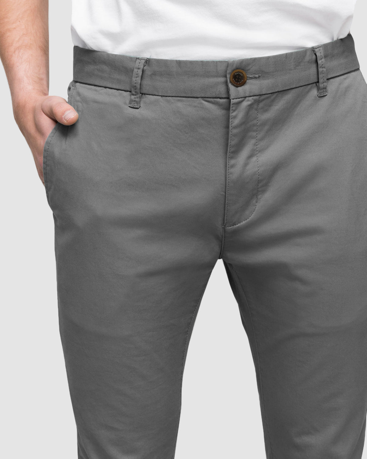Premium Stretch Men's Slim Fit Chino Pants in Grey - Best Seller on The Iconic, close up front view
