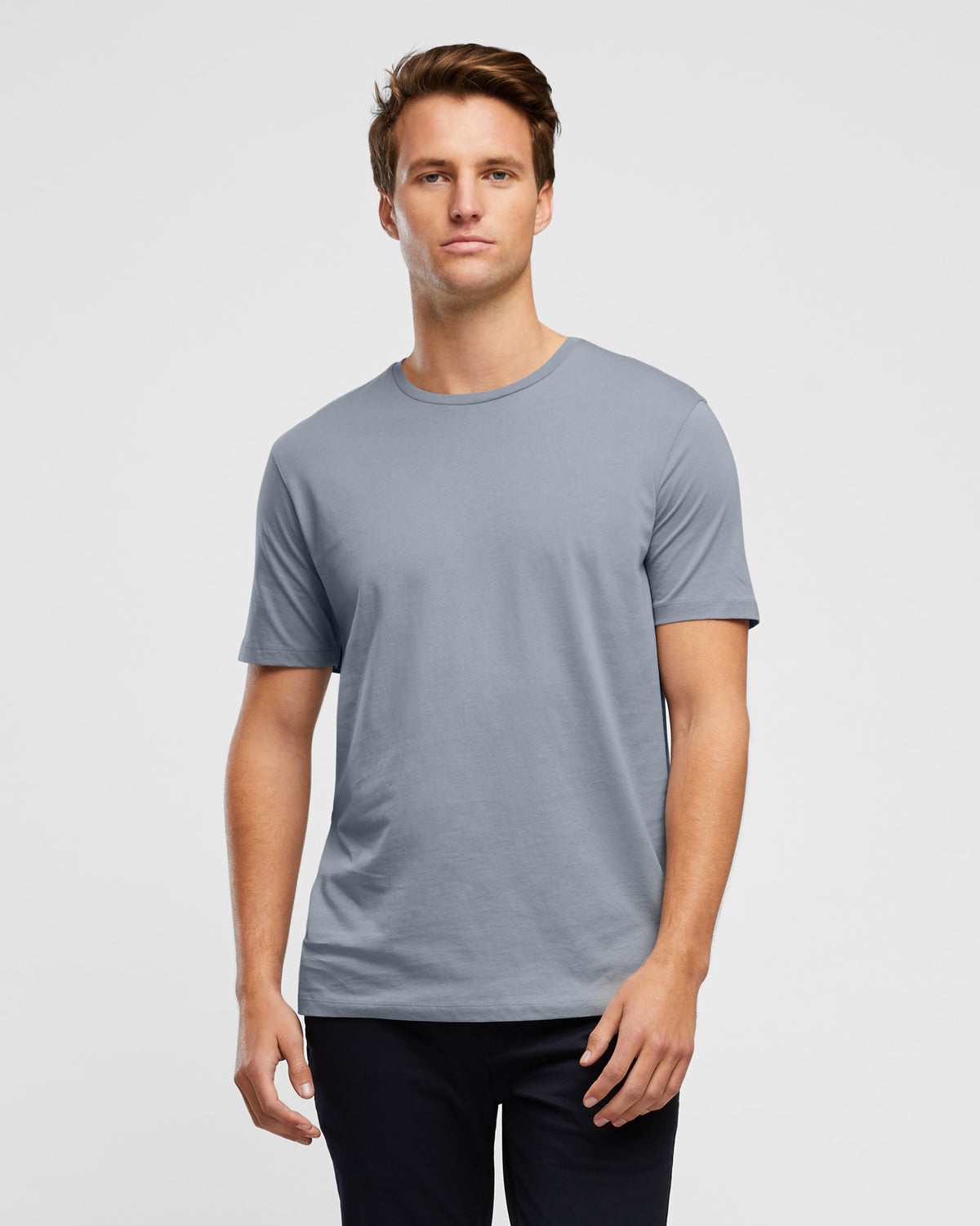 Men&#39;s Essential T-Shirt in Steel Blue, by Wayver, front on body view