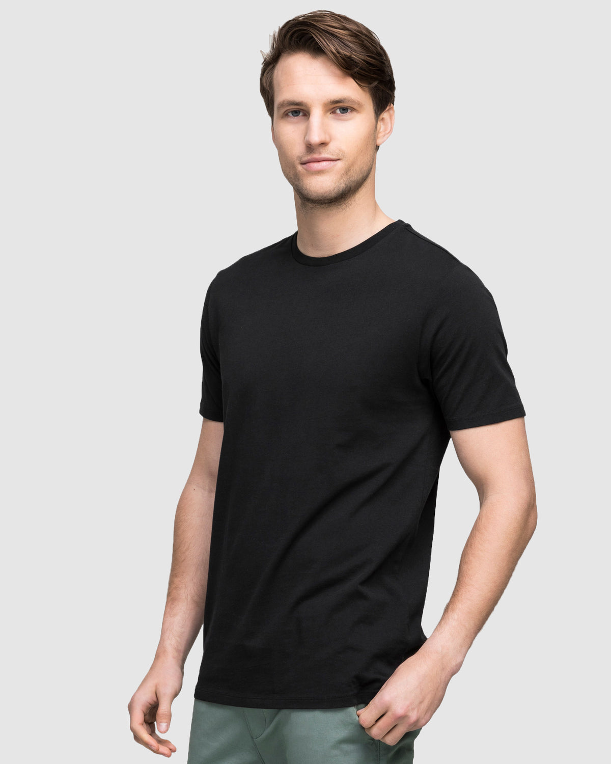 Black wardrobe staple crew neck men's tee, front view