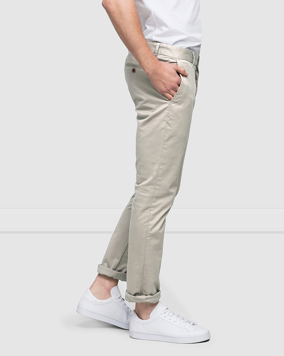 Men’s slim fit cotton stretch chinos in beige, side view