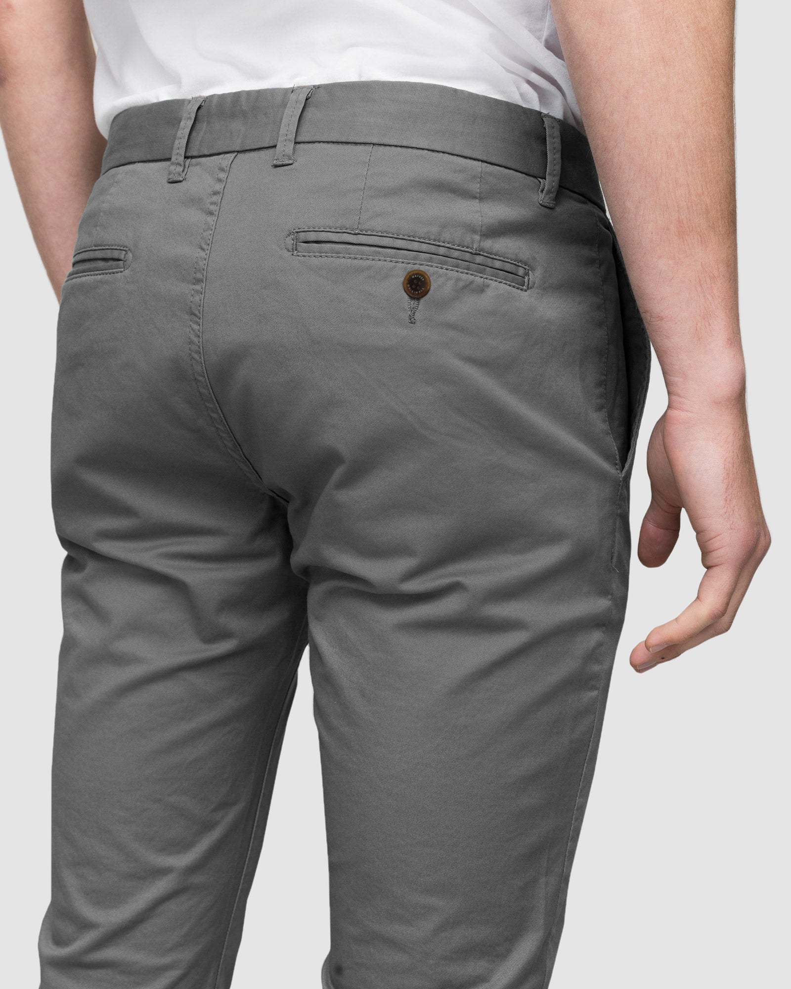 Smoke coloured Stretch Chino Pants - Men's Slim Fit All Day Comfort Rear View with pocket detail by Wayver