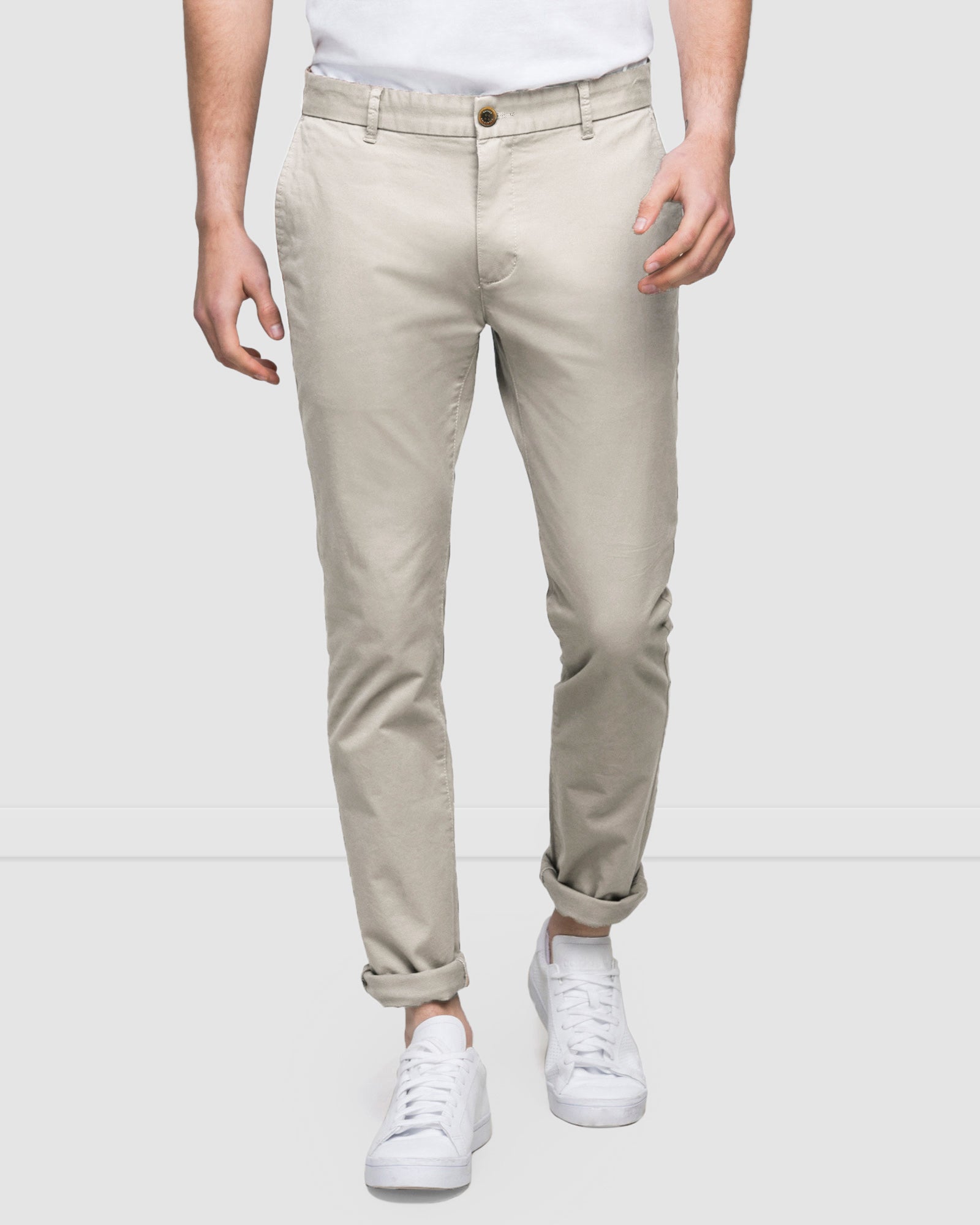 Men’s slim fit cotton stretch chinos in pebble, front view